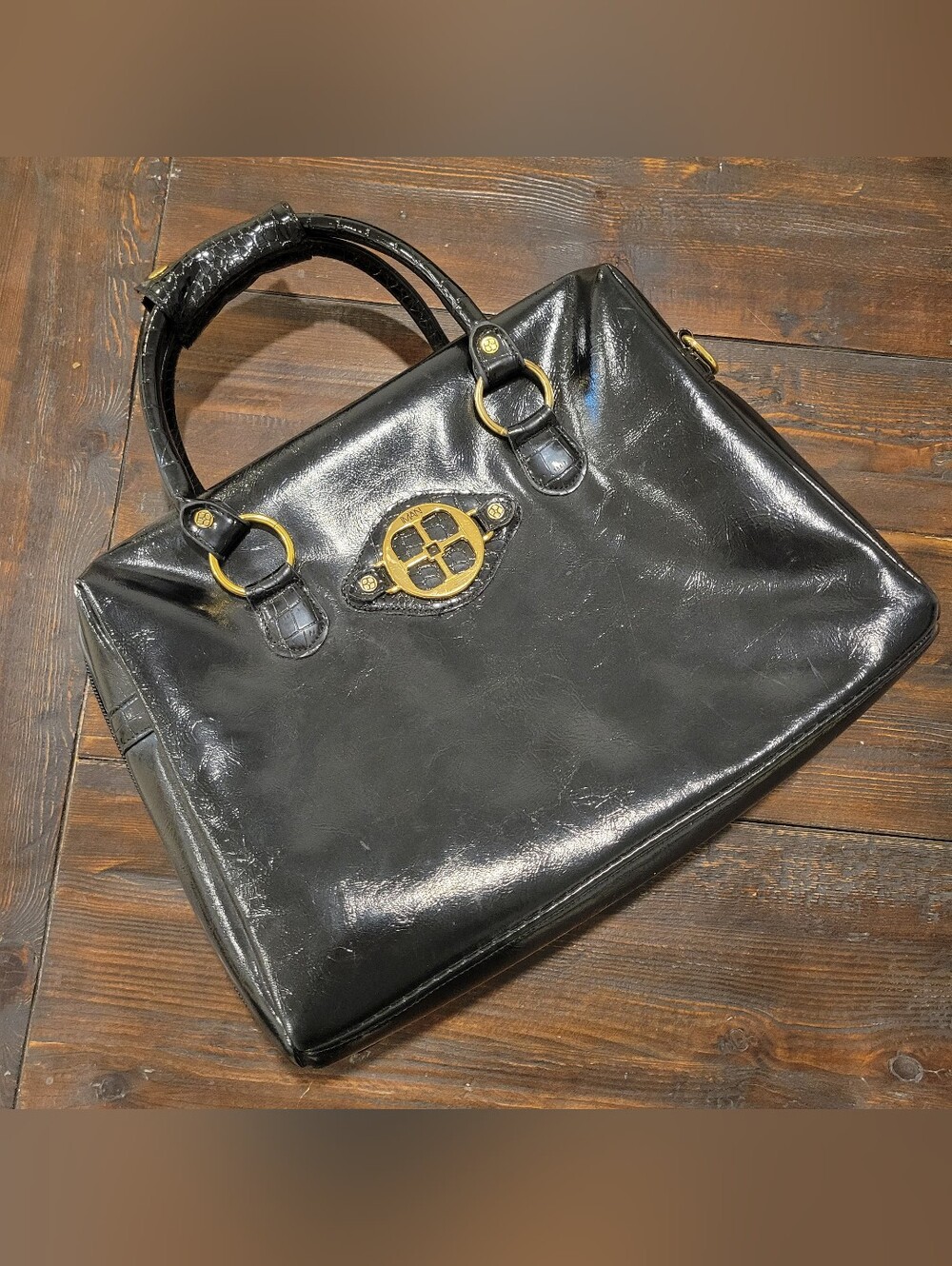 Black Faux Leather Tote Bag with Gold Hardware/Carryon